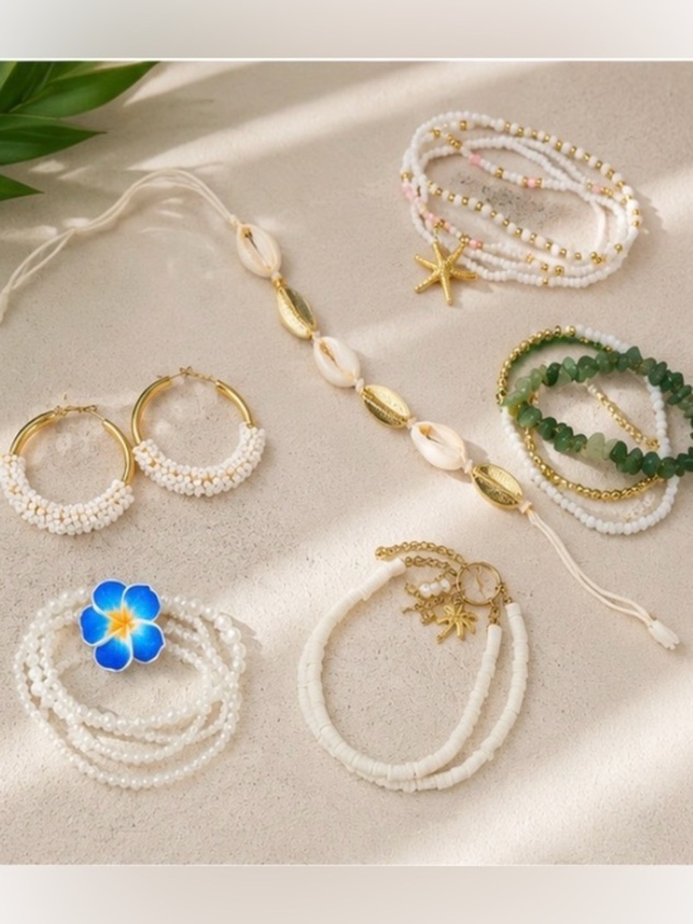 Vici White & Green Beaded Beach Bracelet Set with Gold Accents